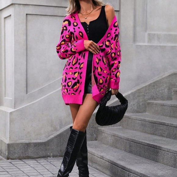 . Sweaters - Pink Preppy Womens Leopard Pattern Drop Shoulder Open Front Cardigan